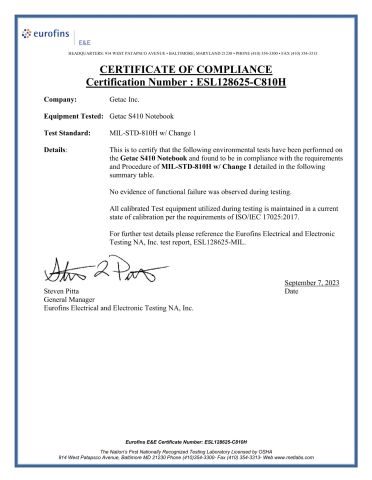 S410 MIL-STD-810H certificate from Beijing Jianianhuaye Technology Co., Ltd