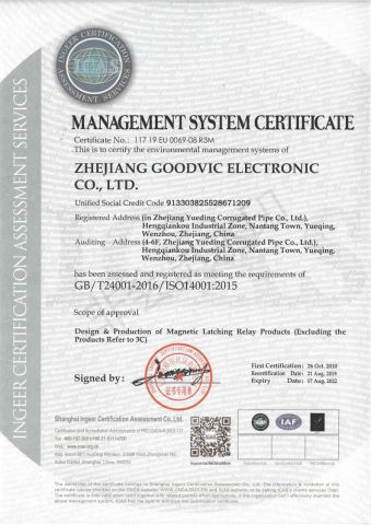 ISO14001 certificate from Zhejiang Goodvic Electronic Co., Ltd.