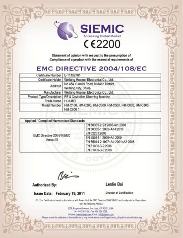 CE for Cavitation&RF certificate from Weifang Huamei Electronics Co., Ltd.
