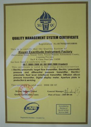 ISO9001 certificate from Xiuyan Precision Instrument Factory