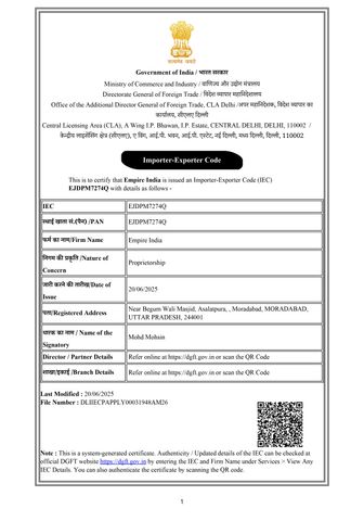 Import Export License certificate from Empire India