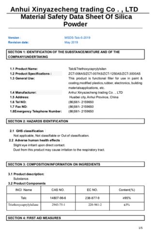 Talc MSDS certificate of Shenzhen Huazhong Sun May Technology Co., Ltd – certificate photo, supplier certificates section