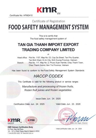 HACCP certificate from Công ty TNHH Thương Mại Xuất Nhập Khẩu Tân Gia Thành