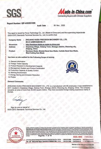 SGS certificate from ZHEJIANG HUIDA PRECISION MACHINERY CO., LTD.
