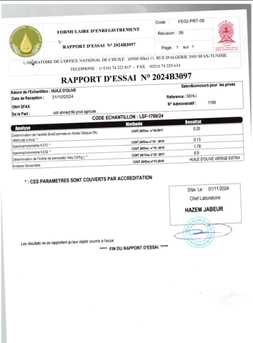 Laboratory Verified by ONH-Sfax (Tunisia's National Oil Office) certificate of Sidi Ahmed Tellili For Agriculture Production – certificate photo, supplier certificates section