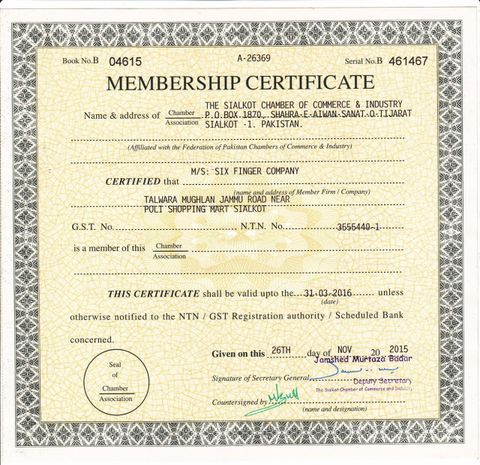 SCCI certificate from Six Finger Company