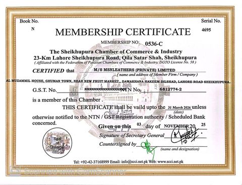 Chammber of Commerce certificate from Msn Leathers Private Limited
