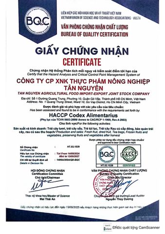 HACCP certificate of CONG TY CP XNK TPNN TAN NGUYEN – certificate photo, supplier certificates section