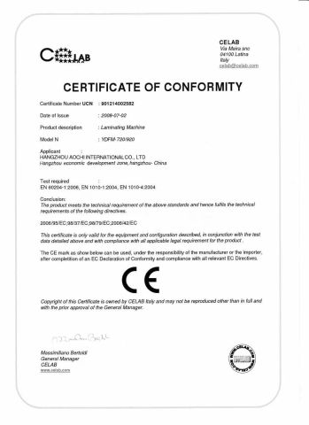 CE For YDFM certificate of Hangzhou Aochi International Co., Ltd. – certificate photo, supplier certificates section