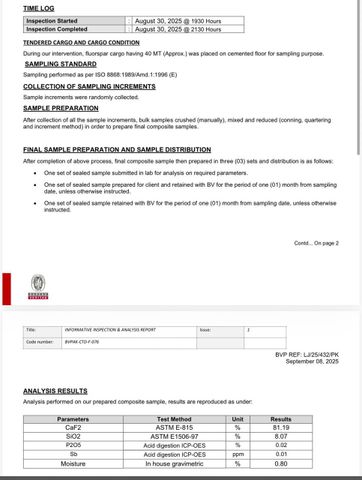 Falouspar (CaF2) certificate from Tanoli Enterprises