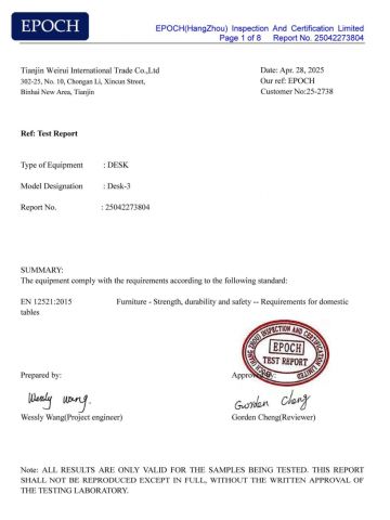 Product Inspection Report certificate from Tianjin Weirui International Trade Co., Ltd.