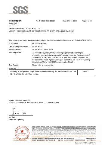 PIGMENT BLUE 153-SVHC-01 certificate of ORIEN CHEMICAL CO., LTD. – certificate photo, supplier certificates section