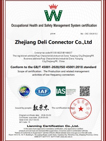 ISO 45001 certificate of ZHEJIANG DELI CONNECTORS CO., LTD. – certificate photo, supplier certificates section