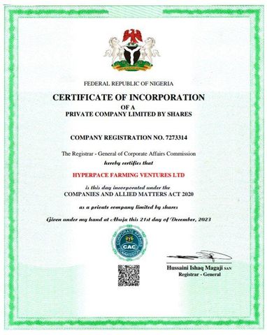 Corporate Affairs Commission  certificate from Hyperpace Farming Ventures ltd