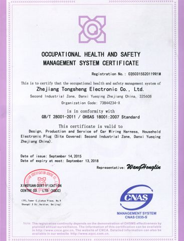 OHSAS 18001 certificate from Zhejiang Tongsheng Electronic Co., Ltd.