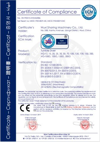 CE certificate for Tumble Dryer certificate from Wuxi Sharing Machinery Co., Ltd.
