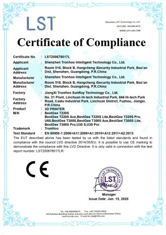 BestGee_T220S_T300S_CE-LVD_Certificate certificate of Xiaohoo Intelligent Technology Co., Ltd. – certificate photo, supplier certificates section