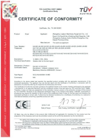 Dryer certificate of Zhengzhou Leabon Machinery Equipment Co., Ltd. – certificate photo, supplier certificates section
