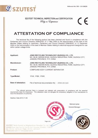 CE Certificate of Compound Eddy Current Separator certificate from Suzhou Jono Environmental Technology Co., Ltd.