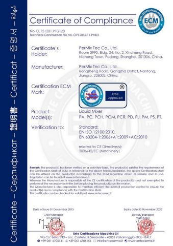CE for Liquid Mixers certificate from PerMix Tec Co., Ltd.