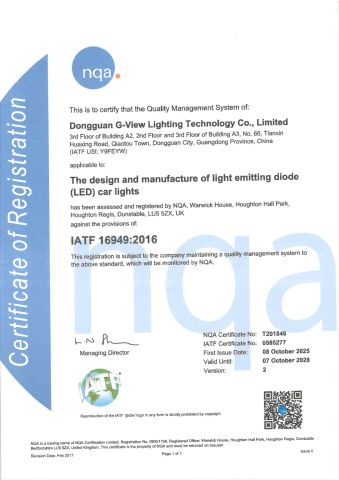 IATF 16949 certificate of Dongguan G-View Lighting Technology Co., Limited – certificate photo, supplier certificates section