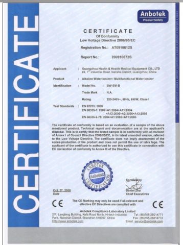 CE CERTIFICATE OF BW -6000 WATER IONIZER certificate from Health&Health (Group)Co.,Ltd.