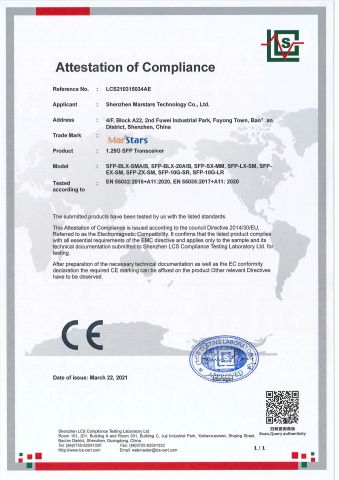 CE EMC SFP TRANSCEIVER certificate from Shenzhen Longxing Industrial Co., Ltd.
