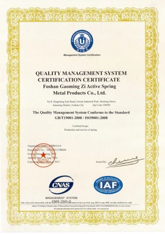 ISO9001 Certificate of Spring certificate from Foshan Zihuoli Spring Co.,Ltd.