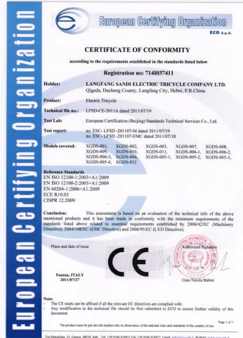 CE certificate from Langfang Sandi Electric Tricycle Co., Ltd.