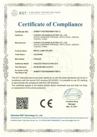 Colshine CE certificate of metal lamp holder certificate from Fuzhou Colshine Electric Co., Ltd.