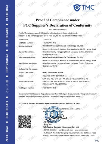 DTG Printer FCC Certification certificate from Shenzhen Chuang Cheng Da Technology Co., Ltd.