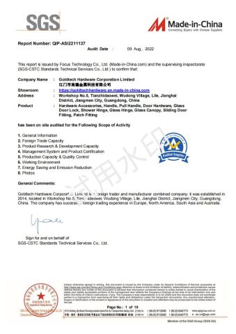 SGS certificate from Goldtech Hardware Corporation Limited