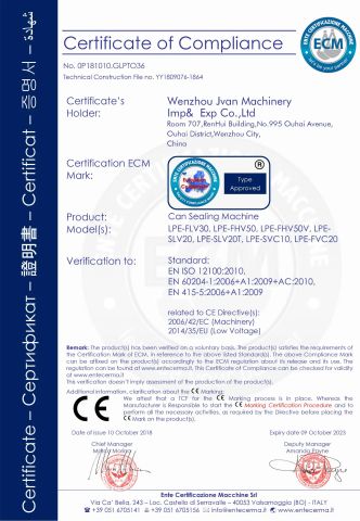 CE Certificate for Can Sealing Machine certificate of Wenzhou Jvan Machinery Co., Ltd – certificate photo, supplier certificates section