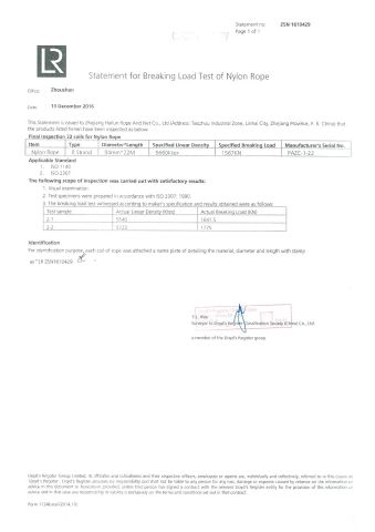 Lloyd's certificate from ZHEJIANG HAILUN ROPE AND NET CO., LTD.