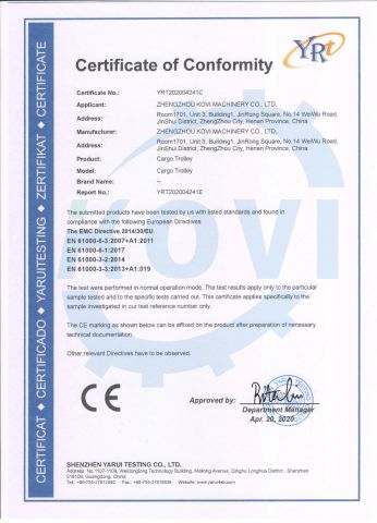 CE certificate from Zhengzhou Kovi Machinery Co., Ltd