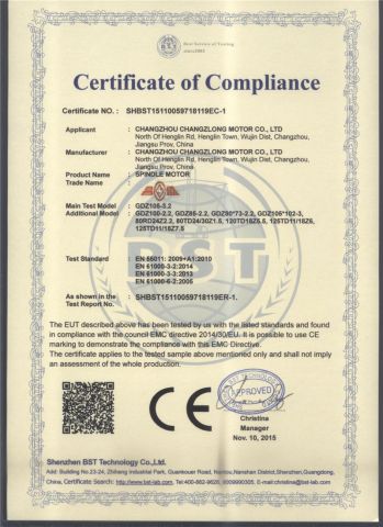 CE 2 certificate from Changzhou Changlong Motor Co., Ltd.