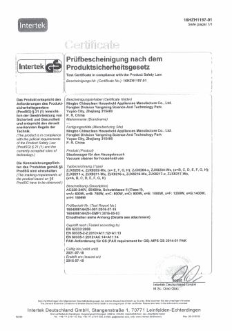 GS CERTIFICATION for CYCLONE VC certificate of NingBo ChinaClean Household Appliances Manufacture Co., Ltd. – certificate photo, supplier certificates section