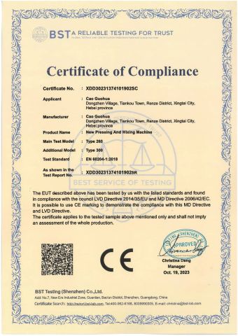 Noodle Machine CE certificate of Zhengzhou Shuogui Machinery Co., Ltd – certificate photo, supplier certificates section
