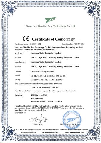 CE of Conformal Coating Machine certificate from Shenzhen Oubel Technology Co., Ltd.