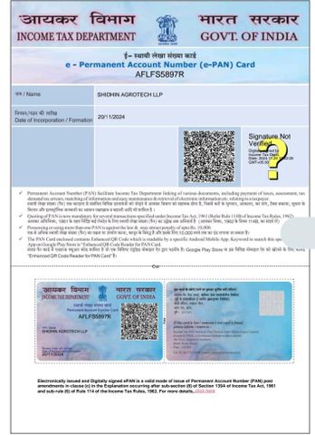 Company PAN  certificate from Shidhin Agrotech 