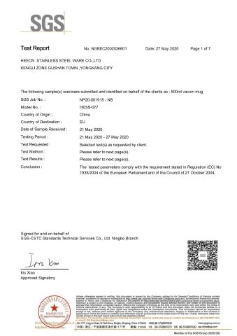EU THERMO MUG certificate of Yongkang Heecn Stainless Steel Co., Ltd. – certificate photo, supplier certificates section