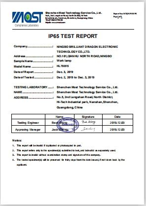 IP65 certificate of Ningbo Haishu Forcar Imp. & Exp. Co., Ltd. – certificate photo, supplier certificates section