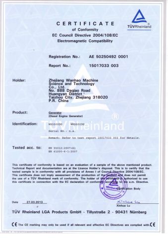 CE certificate of diesel generator certificate of Taizhou Artex Machinery Co., Ltd. – certificate photo, supplier certificates section
