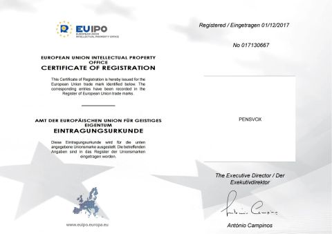 PENSVOX Europe Trade Mark certificate from Shenzhen Lanke Technology Co., Ltd.