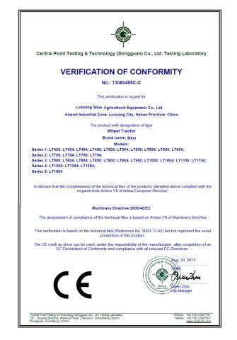 tractor CE certification certificate of Luoyang Silon Industrial Co., Ltd. – certificate photo, supplier certificates section