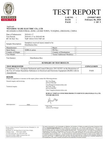 Rosh Test Report certificate from Wenzhou Xujie Electric Co., Ltd.