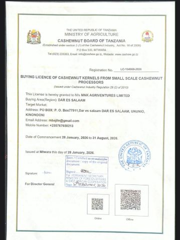 Business license certificate from MNK Agriventures Ltd