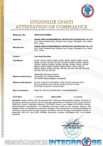 double shaft shredder certificate from Gongyi Jinlong Heng Ji Heavy Industry Machinery Co., Ltd.