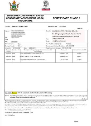 BUREAU VERITAS CERTIFICATION certificate from Shandong Titan Vehicle Co., Ltd.