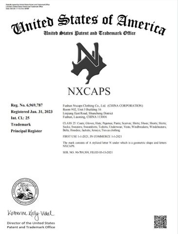 US trademark certificate from Fushun Nxcaps Clothing Company Limited